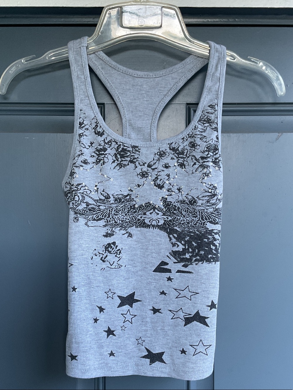 Women's Racerback Tank Top - Gray with Black Print, Size XS